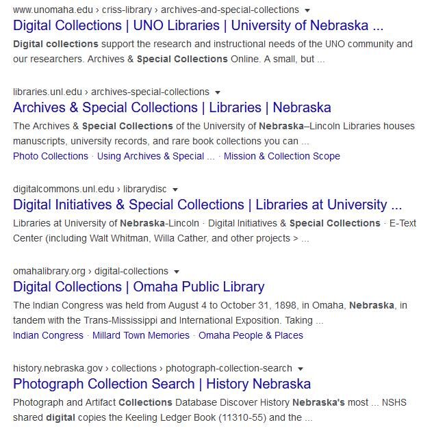 A Google search for digital collections